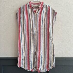 Striped Sleeveless Button Down Tunic Top Linen Look Size L